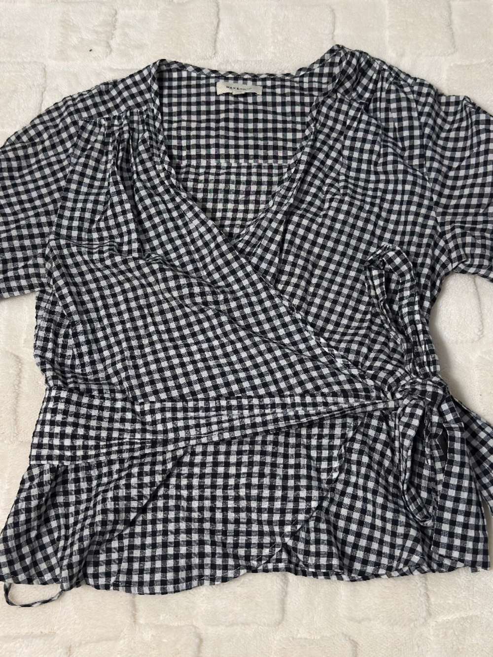 Max Studio Black White Gingham Wrap Tie Peplum Blouse Top Size M Cottagecore